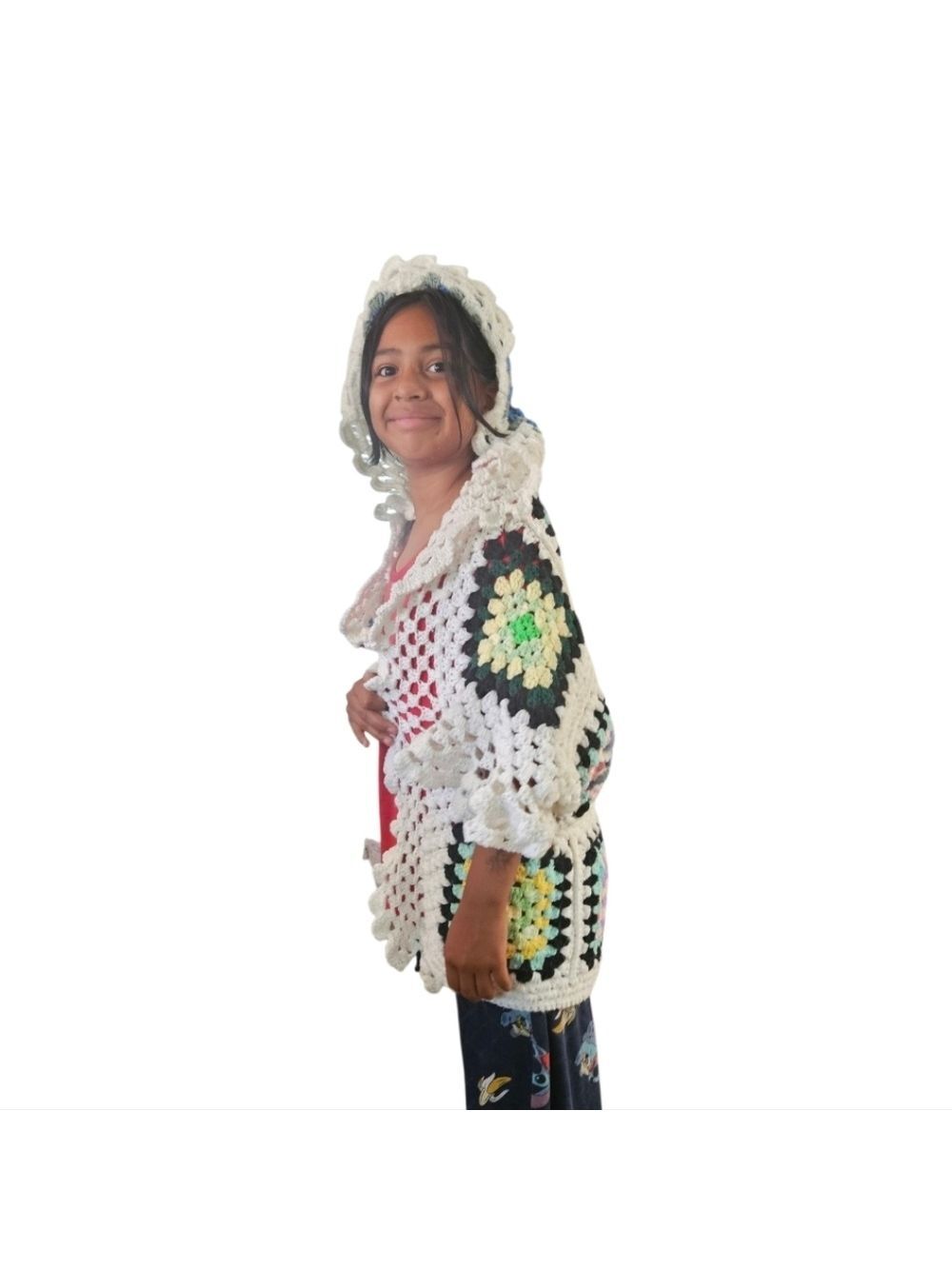 Hand Crafted Crochet Granny Square Cardigan open front Hooded Colorfull Sweater - Picture 16 of 17